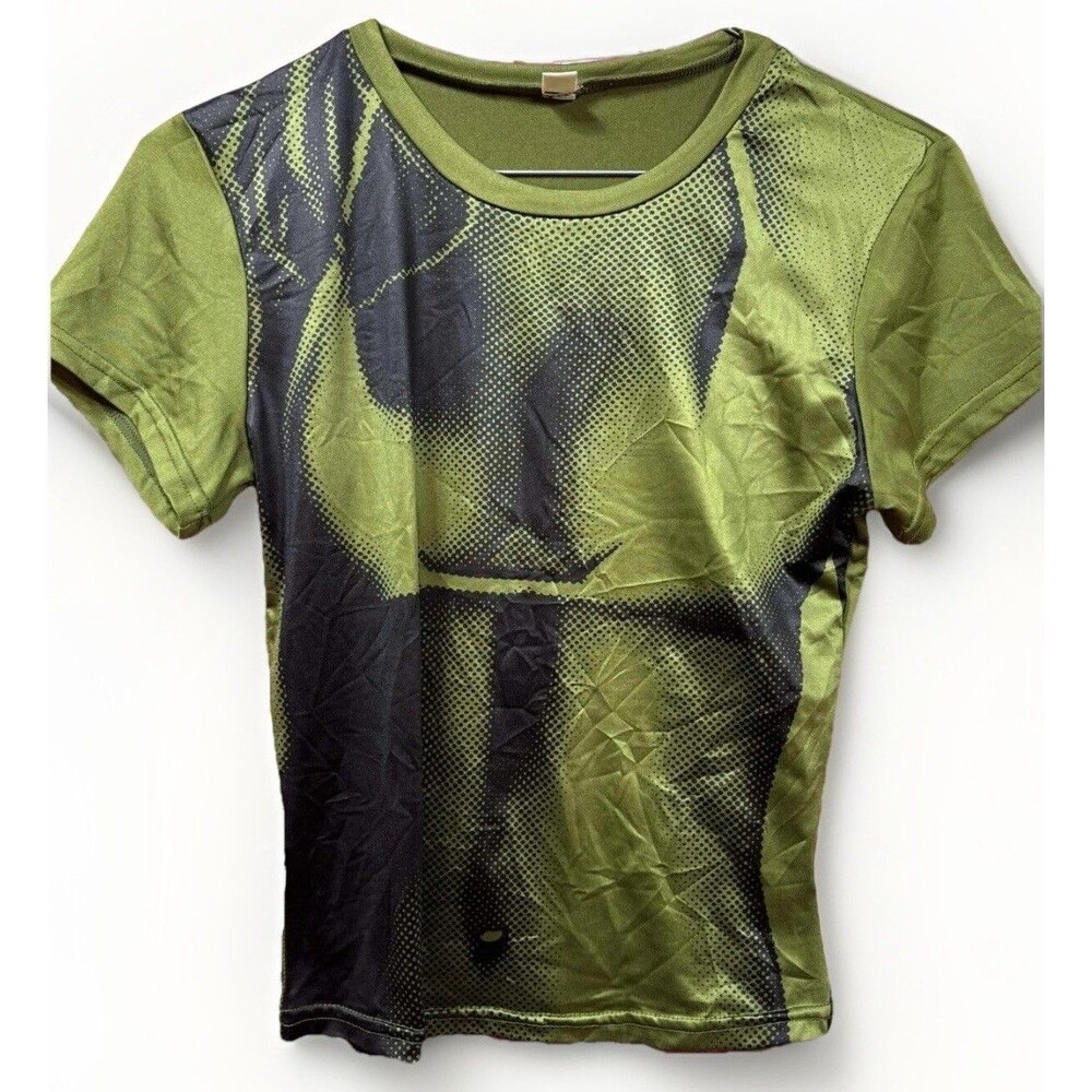 Y2K 3D Body Heat Map Graphic Print T-Shirt Green Sexy Festival Tee Women's Sz XS